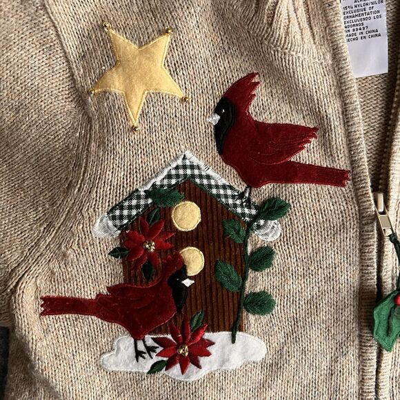 Tiara International Ugly Christmas Sweater‎ Small Holiday Zipper Santa Bird Tan - Picture 5 of 11